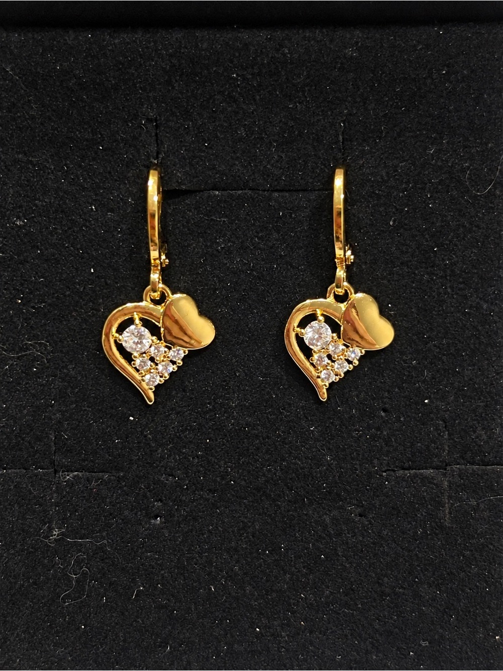 Gold Heart Drop Earrings with CZ Accents